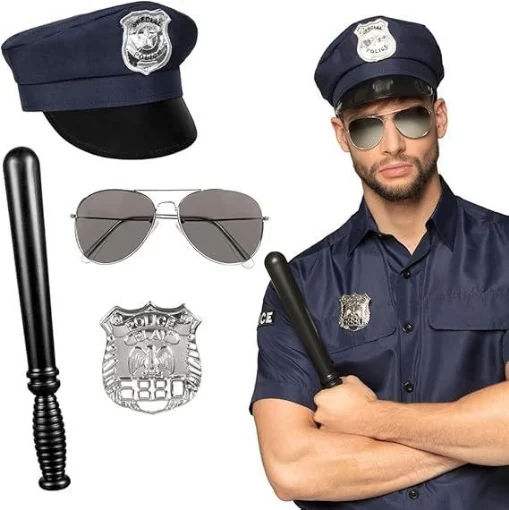 SET POLIZIA BERRETTO OCCHIALI DISTINTIVO E MANGANELLO 33 CM COSTUME DA POLIZZIOTTO PER FESTA - CIAO