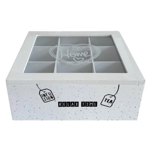 MA MAISON SCATOLA PORTA TÉ RELAX TIME CON 9 SCOMPARTI COLORE BIANCO E VETRO 24X24 CM