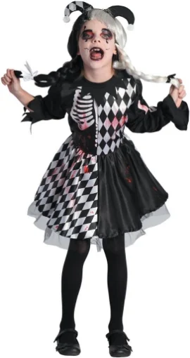 HARLEQUIN COSTUME HORROR GIRL ABITO BIANCO E NERO + CERCHIETTO ANNI 8-10