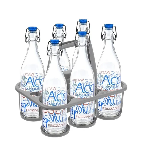 SET PORTA BOTTIGLIE COLORI ASSORTITI IN PLASTICA + 6 BOTTIGLIE IN VETRO DA 1 LT - BORMIOLI ROCCO