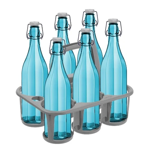 SET PORTA BOTTIGLIE IN PLASTICA + 6 BOTTIGLIE IN VETRO DA 1 LT - BORMIOLI ROCCO