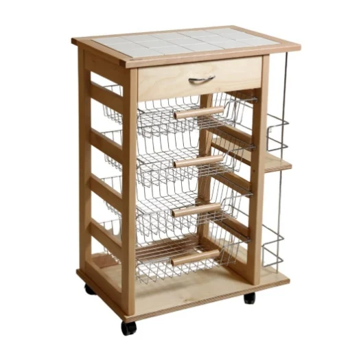 CARRELLO VESUVIO CON CASSETTO+PORTABOTTIGLIE NATURALEIN FAGGIO E BASE INFERIORE MULTISTRATO DI BETULLA 1 CASSETTO 4 CESTELLI - MAURY'S