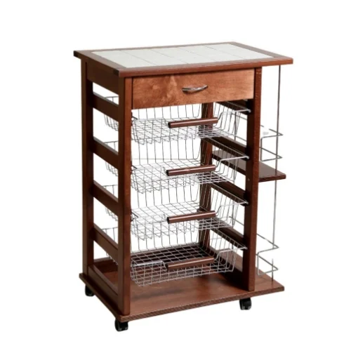 CARRELLO VESUVIO CON CASSETTO+PORTABOTTIGLIE NOCE IN FAGGIO BASE MULTISTRATO DI BETULLA 1 CASSETTO 4 CESTELLI PIANO MATTONELLE IN CERAMICA - MAURY'S