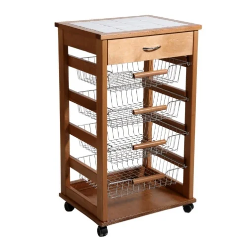 CARRELLO VESUVIO CON CASSETTO ROVERE IN FAGGIO BASE INFERIORE MULTISTRATO DI BETULLA 1 CASSETO 4 CESTELLI PIANO MATTONELLE IN CERAMICA - MAURY'S