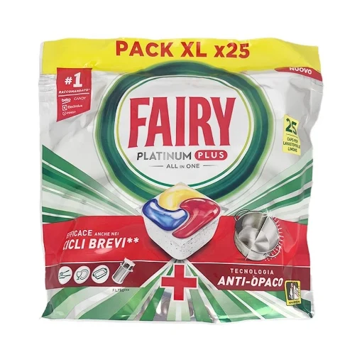 FAIRY PLATINUM PLUS EFFICACE ANCHE NEI CICLI BREVI E TECNOLOGIA ANTI OPACO 25 CAPSULE PER LAVASTOVIGLIE FRAGRANZA AL LIMONE