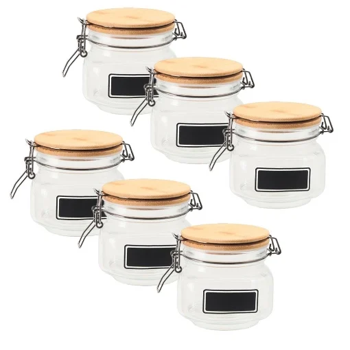 MA MAISON SET 6 PURE GLAS BARATTOLI IN VETRO CON TAPPO IN LEGNO CHIUSURA A CLIP + ETICHETTA PER PERSONALIZZAZIONE 12X12X11H CM