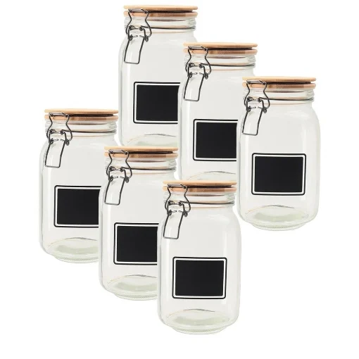 MA MAISON SET 6 PURE GLAS BARATTOLI IN VETRO CON TAPPO IN LEGNO CHIUSURA A CLIP + ETICHETTA PER PERSONALIZZAZIONE 12X12X20H CM