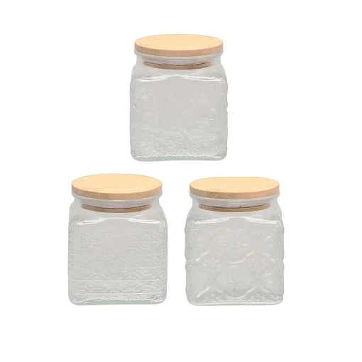 MA MAISON AQUARE SET 3 BARATTOLI QUADRATI IN VETRO CON TAPPO IN LEGNO 10X10 H CM FANTASIE ASSORTITE