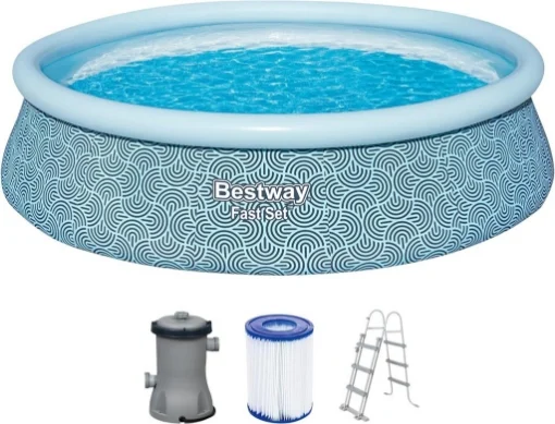 BESTWAY PISCINA FAST SET FORMA ROTONDA 4,57 M X 1,07 CM GRAFICA A LINEE CURVE CAP. 12.362 L + 1 POMPA + 1 CARTUCCIA + 1 SCALETTA