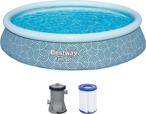 BESTWAY PISCINA GONFIABILE FAST SET FORMA ROTONDA 3,96 M X 84 CM GRAFICA A LINEE CURVE CAP. 7.340 L + 1 POMPA + 1 FILTRO