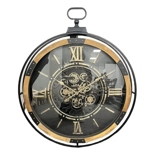 OROLOGIO MODERNO CON NUMERI ROMANI LEGNO/METALLO ROTONDO 74.5X89X8CM INGRANAGGI IN MOVIMENTO DA ARREDO - MAURY'S