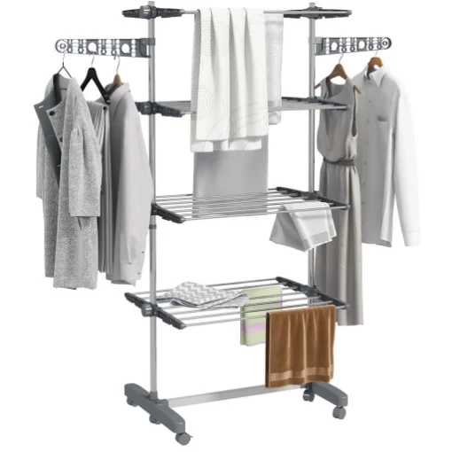 STENDINO VERTICALE CON 4 RIPIANI REGOLABILI, IN ACCIAIO E PLASTICA, 142X55X172 CM, GRIGIO E ARGENTO - MAURY'S