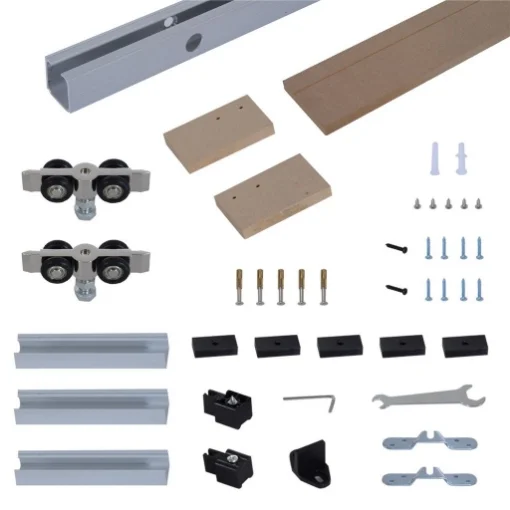 BINARIO CON KIT DI ACCESSORI PER PORTE SCORREVOLI IN STILE RUSTICO IN LEGNO - MAURY'S