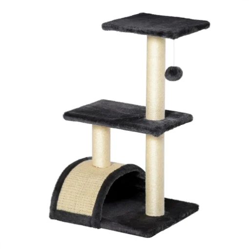 ALBERO PER GATTI A 3 LIVELLI CON TAPPETINO TIRAGRAFFI AD ARCO IN LEGNO PELUCHE E SISAL 40X35X72 CM GRIGIO - MAURY'S