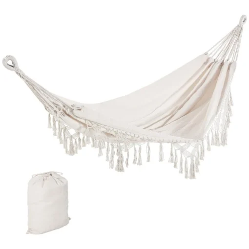 AMACA DA GIARDINO SOSPESA IN TELA CON FRANGE STILE BOHO 288X150 CM CAPACITÀ 120 KG CREMA - MAURY'S