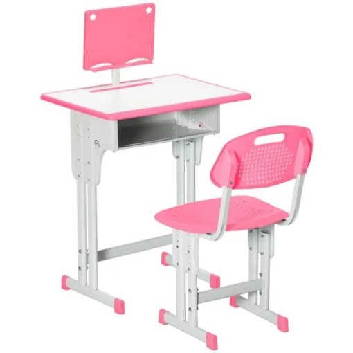 BANCO SCUOLA CON SEDIA AD ALTEZZA REGOLABILE PER BAMBINI 6-12 ANNI ACCIAIO E MDF ROSA
