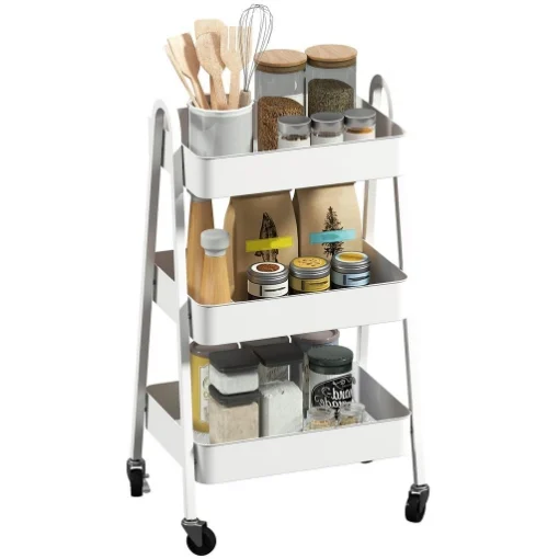 CARRELLO CUCINA MULTIUSO A 3 LIVELLI RUOTE GIREVOLI CON FRENO E MANIGLIE BIANCO 42.4X29.8X74.5 CM - MAURY'S