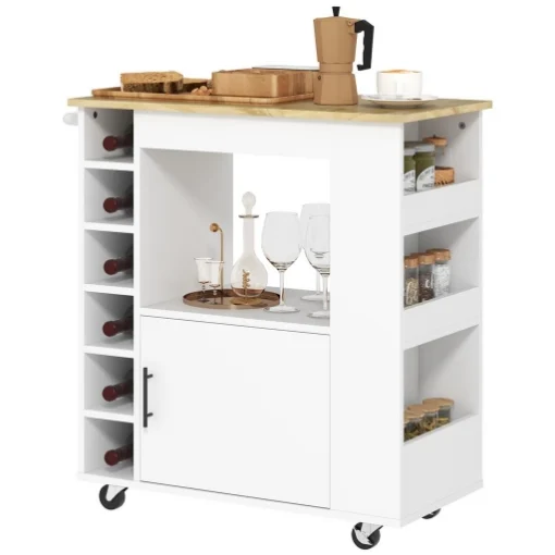 CARRELLO DA CUCINA CON RUOTE RIPIANI ARMADIETTO E PORTABOTTIGLIE 83X40X83 CM ROVERE E BIANCO - MAURY'S