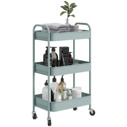 CARRELLO DA CUCINA A 3 LIVELLI CON MANIGLIE E 4 ROTELLE IN ACCIAIO 45X30.6X79 CM AZZURRO - MAURY'S