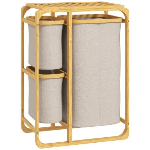 CESTINO PORTABIANCHERIA IN BAMBÙ CON 3 SACCHI E RIPIANI ESTRAIBILI IN TESSUTO 50X32X69.7 CM COLOR BAMBÙ E CREMA - MAURY'S