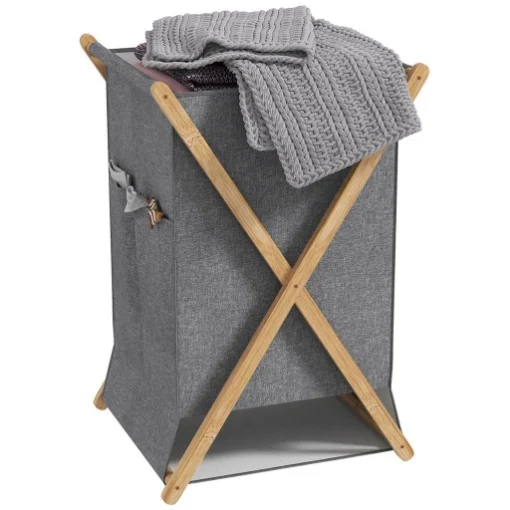 CESTO PORTABIANCHERIA PIEGHEVOLE 55L IN TESSUTO E TELAIO 41X41X64 CM IN BAMBÙ LEGNO E GRIGIO - MAURY'S