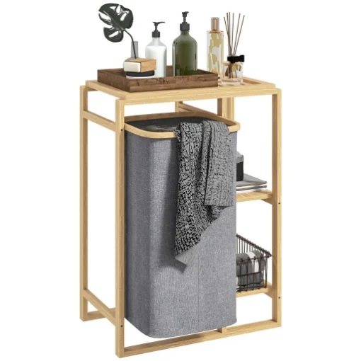 CESTO PORTABIANCHERIA CON BORSA ESTRAIBILE E RIPIANI A DOGHE IN BAMBÙ 50X32X70 CM GRIGIO - MAURY'S