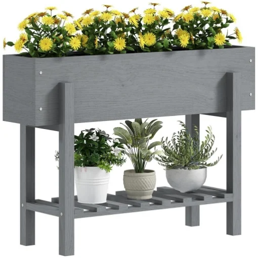 FIORIERA RIALZATA CON RIPIANO INFERIORE E 2 FORI DI DRENAGGIO IN LEGNO DI ABETE 100X30X70.5 CM GRIGIO - MAURY'S