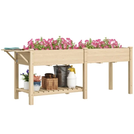 FIORIERA RIALZATA CON TAVOLINO LATERALE E RIPIANO PORTA ATTREZZI INFERIORE IN LEGNO DI ABETE 207X59X78 CM - MAURY'S