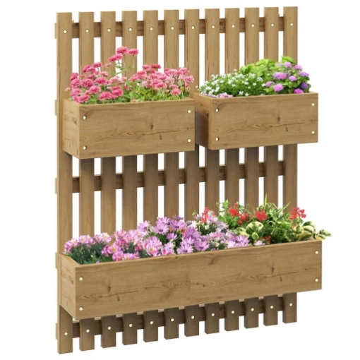 FIORIERA VERTICALE A DOGHE CON 3 VASI RIMOVIBILI IN LEGNO DI ABETE 60X16X80 CM MARRONE BRUCIATO - MAURY'S