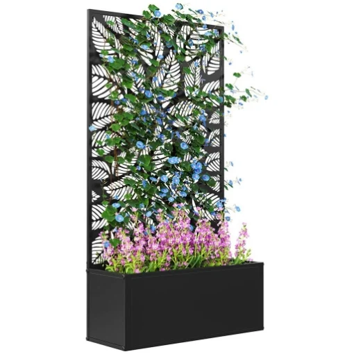 FIORIERA RIALZATA CON TRALICCIO DECORATIVO PER RAMPICANTI DA TERRA E PARETE 61X23X113 CM NERO - MAURY'S