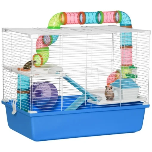 GABBIA PER CRICETI A 3 LIVELLI CON TUNNE CASETTA E RUOTA PER CRICETI 59X36X47CM BLU E BIANCO - MAURY'S