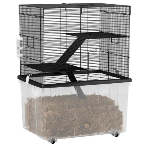 GABBIA PER CRICETI 3 PIANI CON RUOTE 2 PIATTAFORME RAMPE CIOTOLA E BOTTIGLIA 58X43X74 CM NERO - MAURY'S