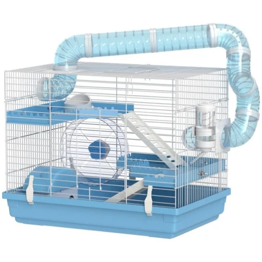 GABBIA PER CRICETI A 3 PIANI CON CASETTA RUOTA CIOTOLA PER CIBO BOTTIGLIA E TUBI 47.X31.5X29.5 CM AZZURRO - MAURY'S