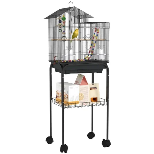 GABBIA PER UCCELLI CON PIEDISTALLO RUOTE GIREVOLI RIPIANO E ACCESSORI 46X36X120 CM NERO - MAURY'S
