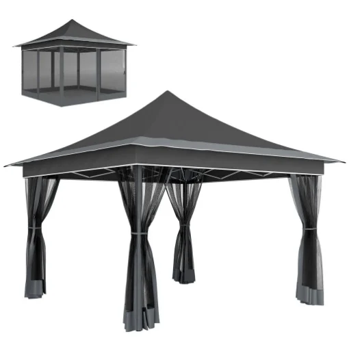 GAZEBO DA GIARDINO AD ALTEZZA REGOLABILE CON ZANZARIERA IN POLIESTERE E METALLO 357X357X310 CM GRIGIO SCURO - MAURY'S
