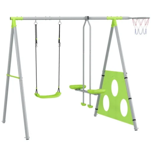 GIOCO PER BAMBINI 4 IN 1 CON 2 ALTALENE DA GIARDINO CANESTRO E PORTA DA CALCIO 215X180X182 CM VERDE E GRIGIO - MAURY'S