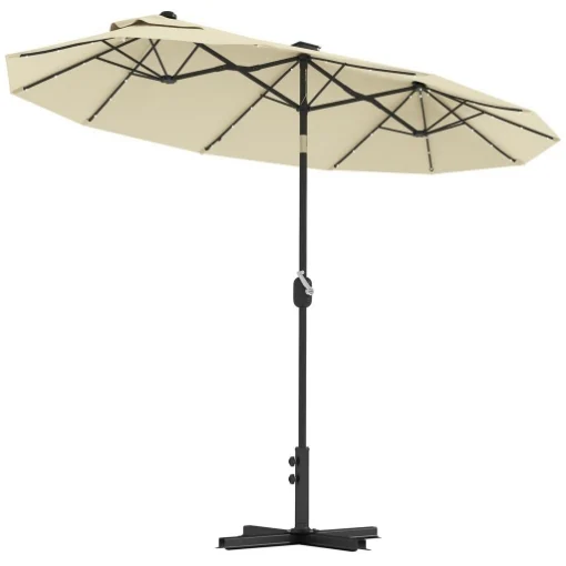 OMBRELLONE DOPPIO CON LUCI LED E BASE A CROCE IN POLIESTERE E ACCIAIO 295X150X219 CM BIANCO CREMA - MAURY'S