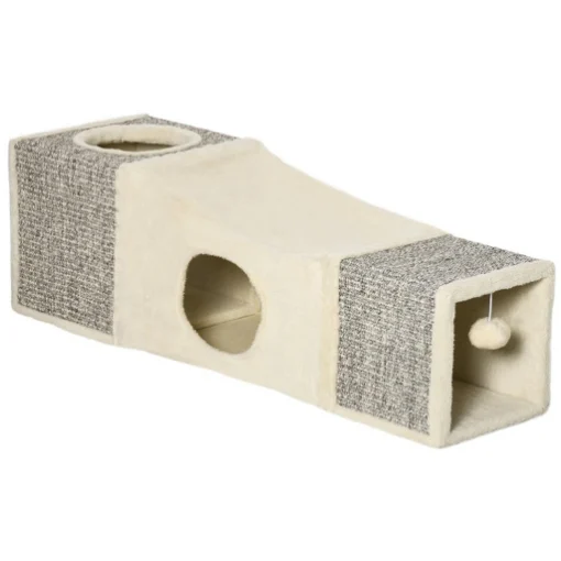 TUNNEL PER GATTI PIEGHEVOLE CON CASETTE, TIRAGRAFFI E PALLINA IN PELUCHE E SISAL, CREMA - MAURY'S