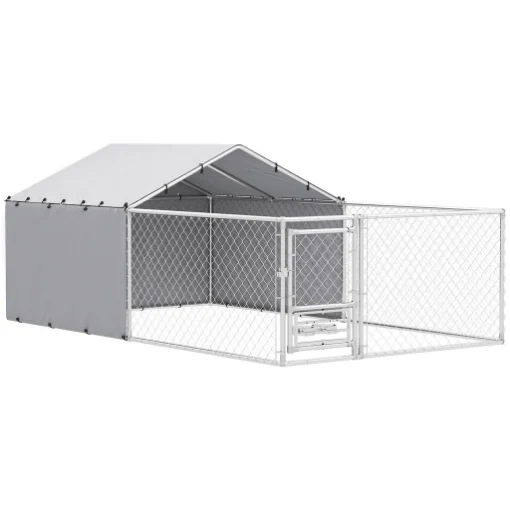 RECINTO PER CANI CON COPERTURE E CIOTOLE GIREVOLI, IN ACCIAIO E TESSUTO OXFORD, 4X2.3X1.5 M, ARGENTO - MAURY'S