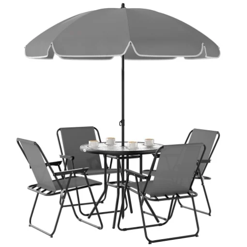 SET DA GIARDINO 6 PEZZI IN ACCIAIO CON 4 SEDIE PIEGHEVOLI OMBRELLONE E TAVOLO ROTONDO GRIGIO E NERO - MAURY'S