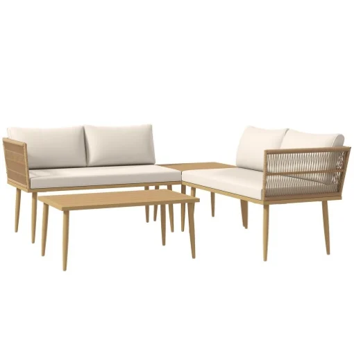 SET SALOTTO DA ESTERNO IN RATTAN PE CON 2 DIVANI A 2 POSTI CON CUSCINI E 2 TAVOLI DA CAFFÉ COLORE LEGNO - MAURY'S