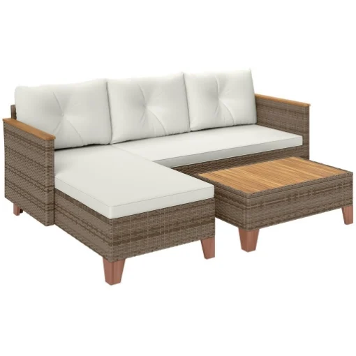 SALOTTO DA GIARDINO IN RATTAN PE CON DIVANO 2 POSTI CHAISE LONGUE E TAVOLINO DA CAFFÉ CREMA - MAURY'S