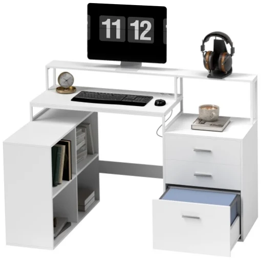 SCRIVANIA UFFICIO CON 2 TAVOLI 4 RIPIANI 3 CASSETTI E SUPPORTO PER MONITOR IN LEGNO 138.5X90X92 CM BIANCO - MAURY'S