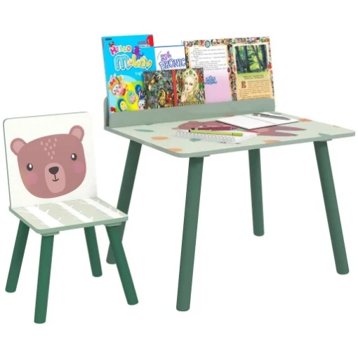 SET SEDIA E TAVOLINO PER BAMBINI CON RIPIANO PORTAOGGETTI IN MDF E LEGNO DI PINO VERDE - MAURY'S
