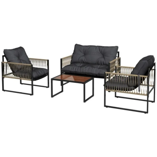 SET DA GIARDINO 4 PEZZI IN RATTAN CON DIVANETTO 2 SEDIE E TAVOLINO DA CAFFÈ GRIGIO E MARRONE - MAURY'S