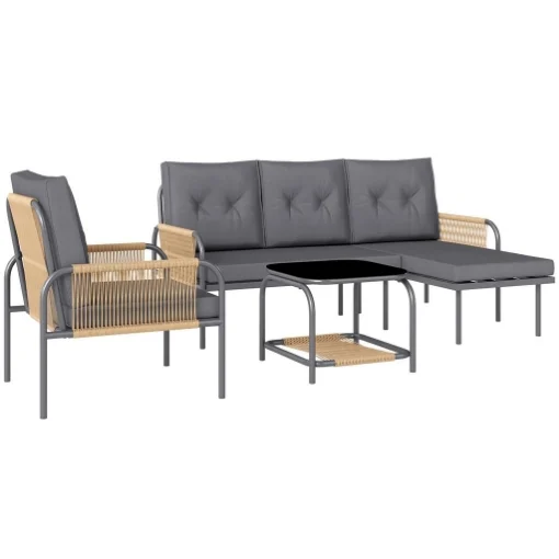 SALOTTO DA GIARDINO 4 PEZZI IN RATTAN CON DIVANO CHAISE LONGUE POLTRONA E TAVOLINO CON CUSCINI GRIGIO - MAURY'S