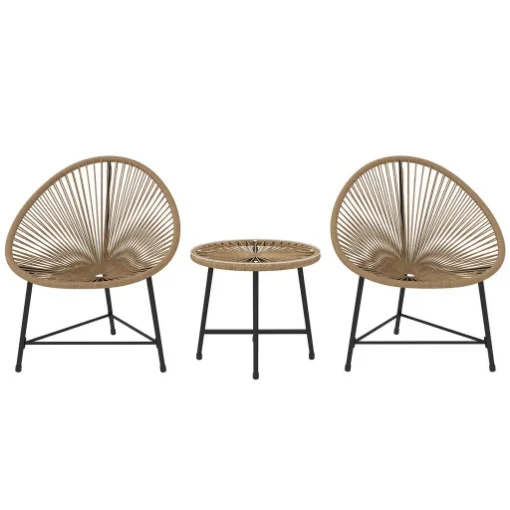 SET DA GIARDINO 3 PEZZI IN RATTAN PE E ACCIAIO CON 2 SEDIE OVALI E TAVOLINO DA CAFFÉ NERO E COLOR LEGNO - MAURY'S