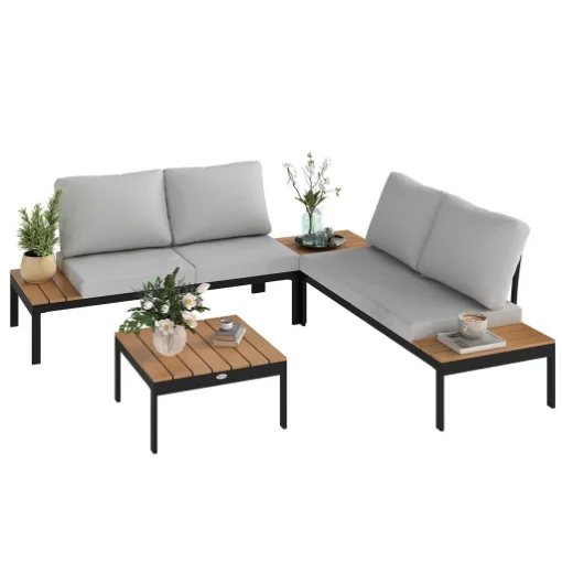 SET DA GIARDINO 4 PEZZI CON 2 DIVANETTI 2 POSTI E 2 TAVOLINI IN METALLO E LEGNO COMPOSITO GRIGIO NERO E TEAK - MAURY'S