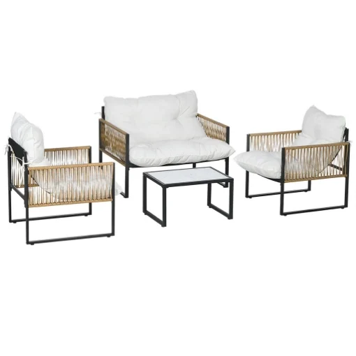 SET DA GIARDINO 4 PEZZI IN RATTAN CON DIVANETTO 2 SEDIE E TAVOLINO DA CAFFÉ NERO MARRONE E CREMA - MAURY'S
