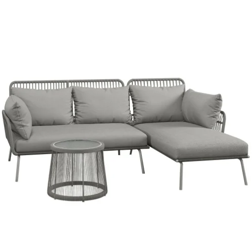 SET DA GIARDINO IN RATTAN PE STILE BOHO DIVANO 2 POSTI CON CHAISE LONGUE E TAVOLINO GRIGIO CHIARO - MAURY'S